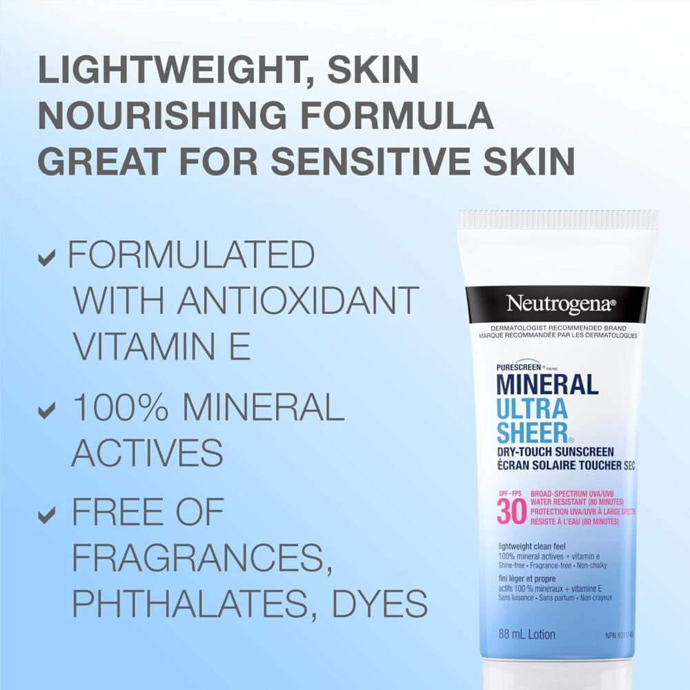 Neutrogena Mineral Ultra Sheer Sunscreen SPF 30 – Vegan, Vitamin E, Premium 88mL Tube